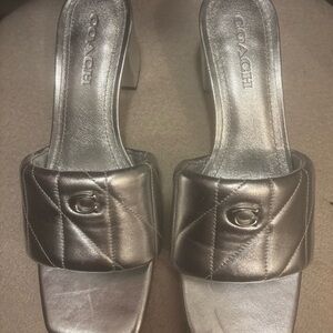 Coach Metallic Silver Quilted Mules